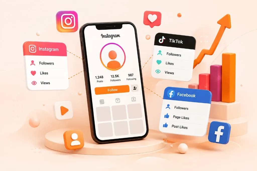 NovaLikes social media growth illustration showing Instagram, TikTok, and Facebook engagement