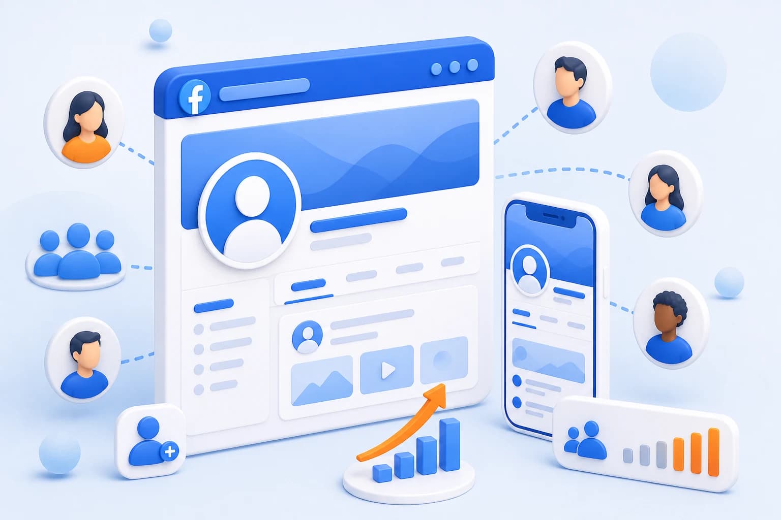 Facebook Business Page followers and Meta Business Suite dashboard illustration