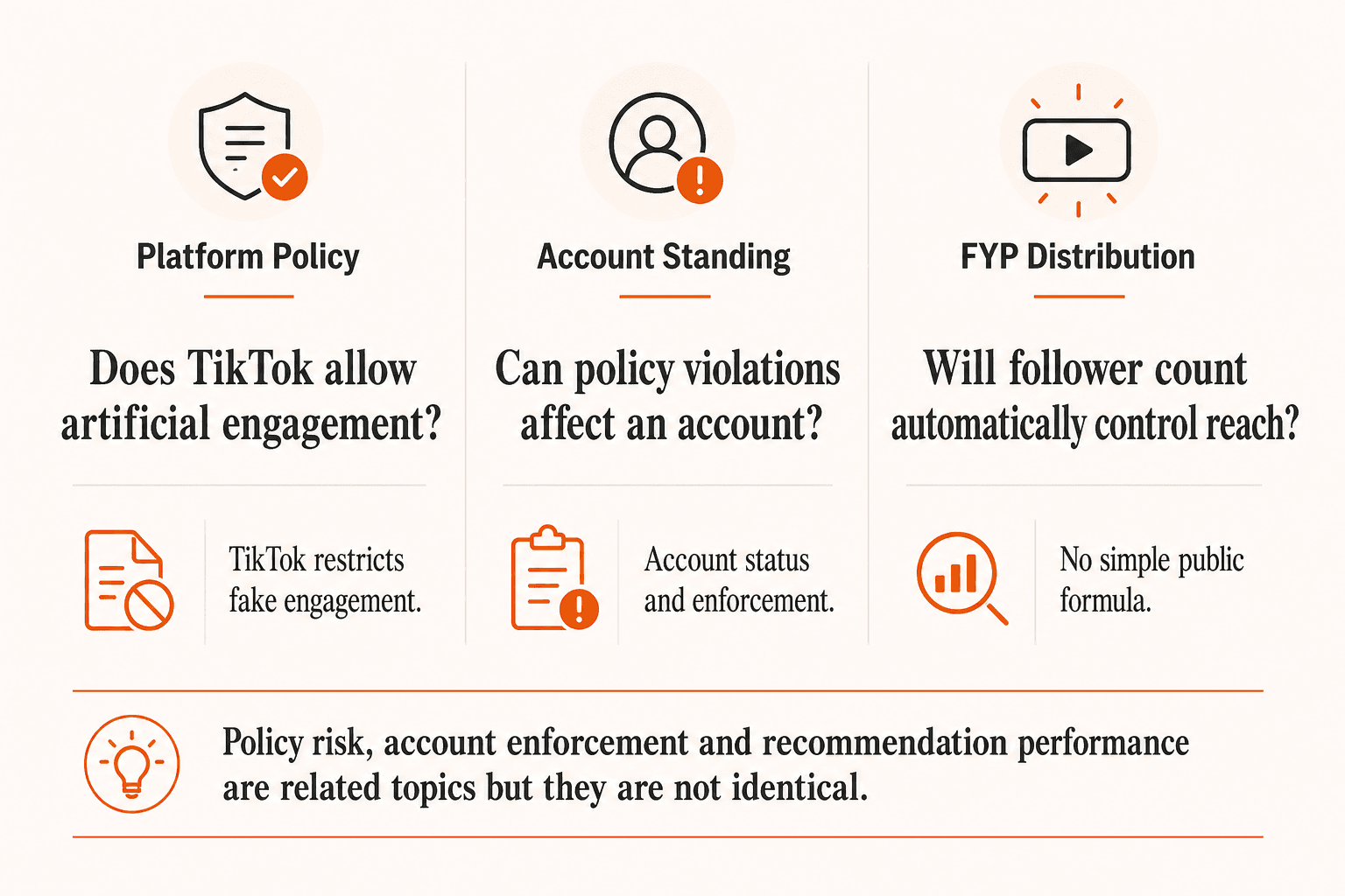 Three columns separating TikTok platform policy, account standing and For You Page distribution as related but different questions