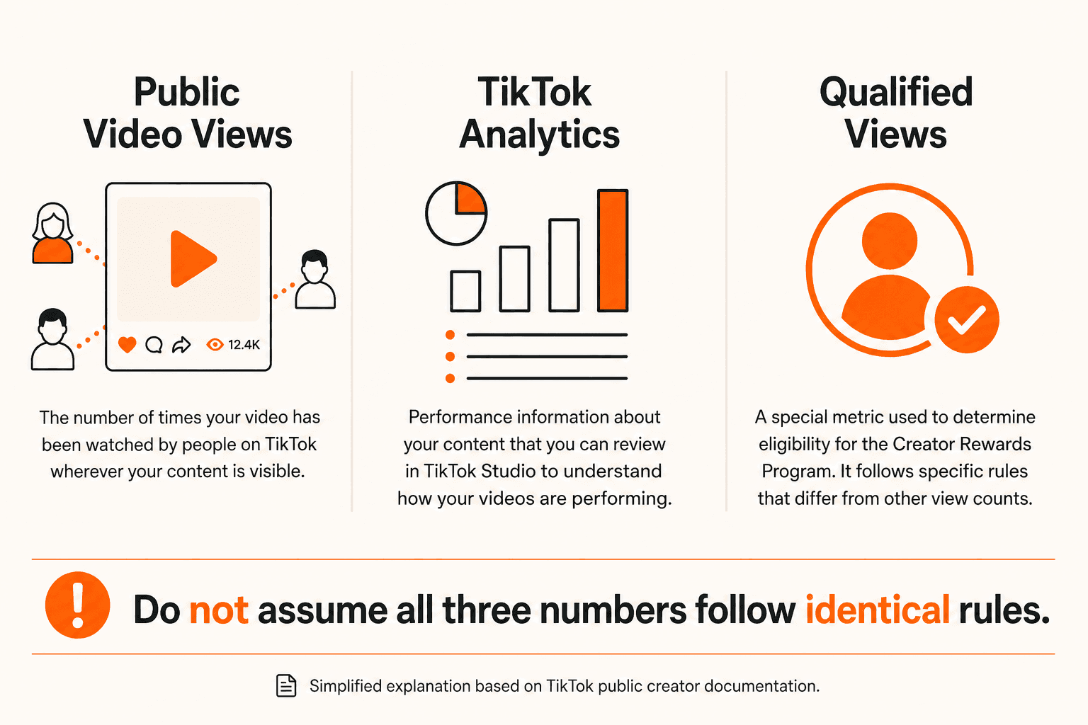 Three columns separating public TikTok video views, TikTok Studio analytics and Creator Rewards qualified views