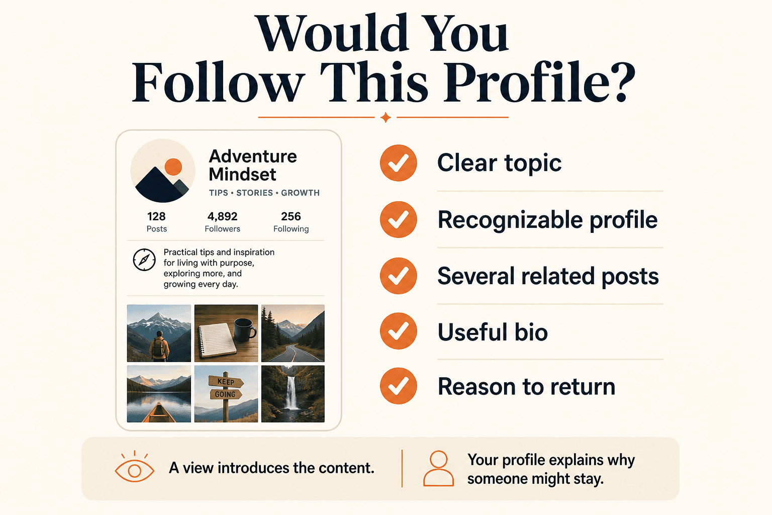 Checklist showing a clear topic, recognizable profile, related posts, useful bio and a reason to return