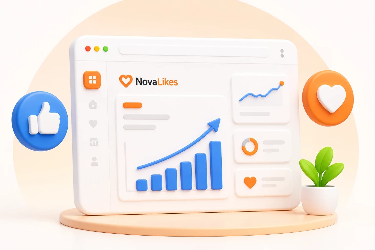 NovaLikes dashboard representing Instagram, TikTok and Facebook services