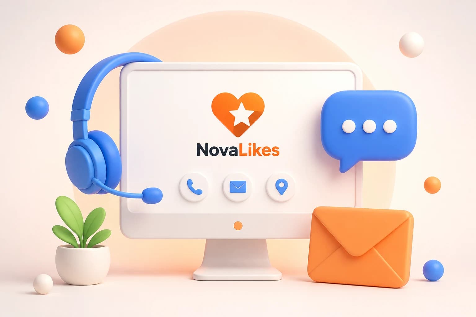 NovaLikes customer support illustration with chat and headphones