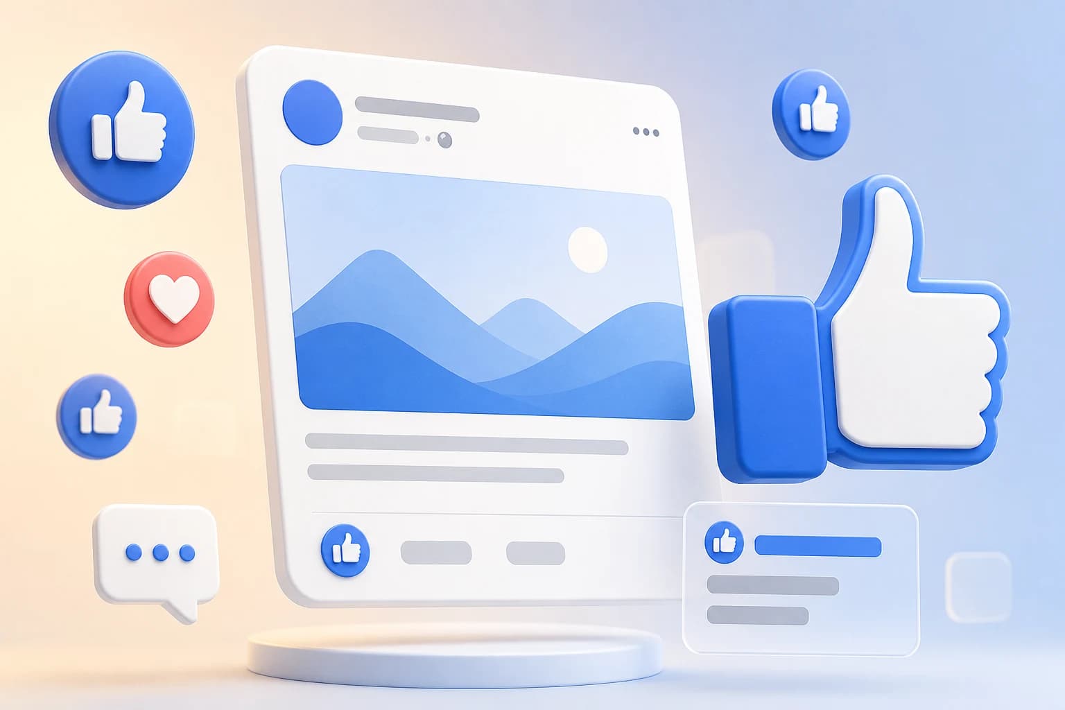 Facebook post preview with rising post likes and engagement analytics illustration