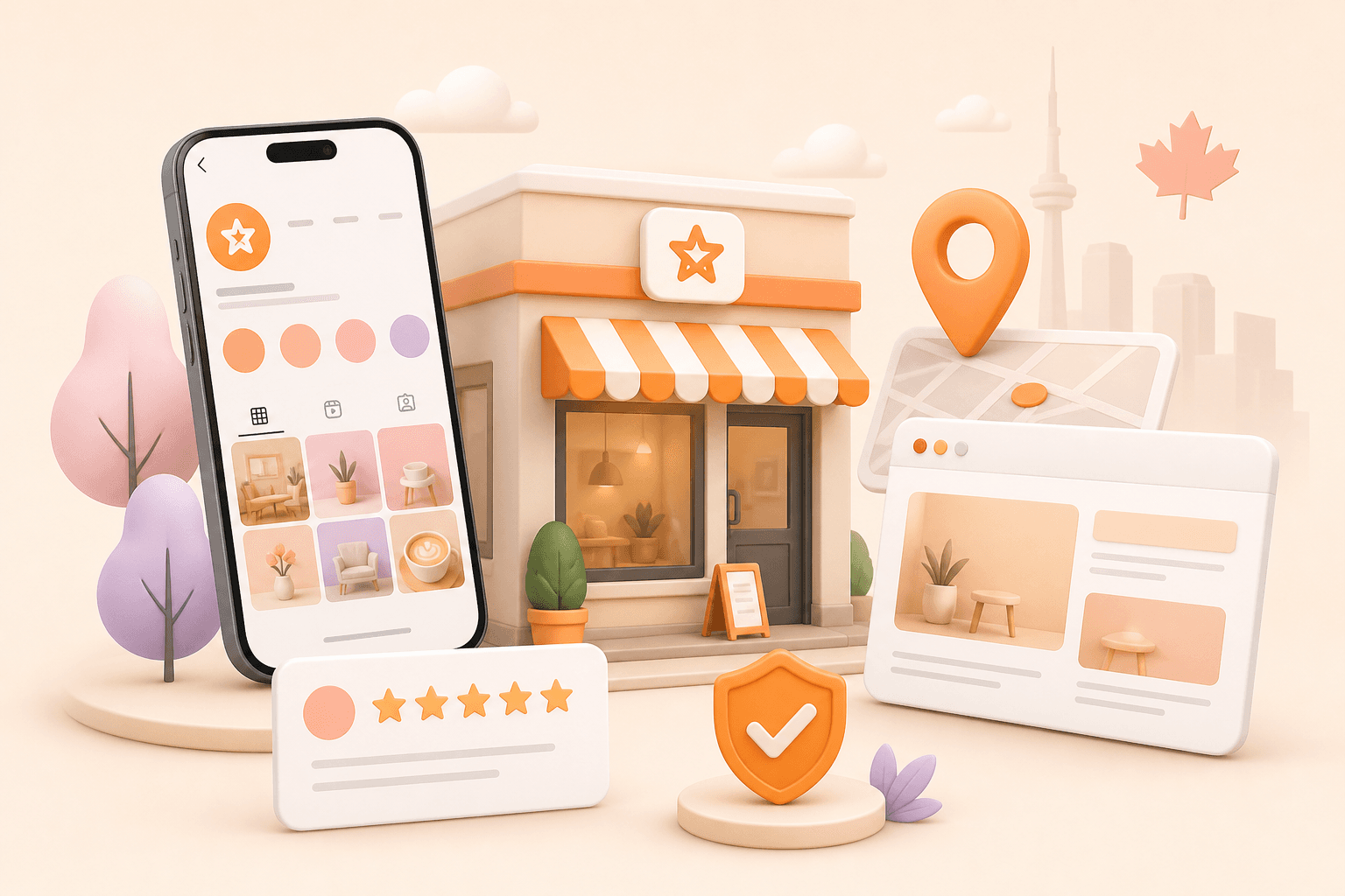 Local business storefront with Instagram profile, website, map and review trust signals