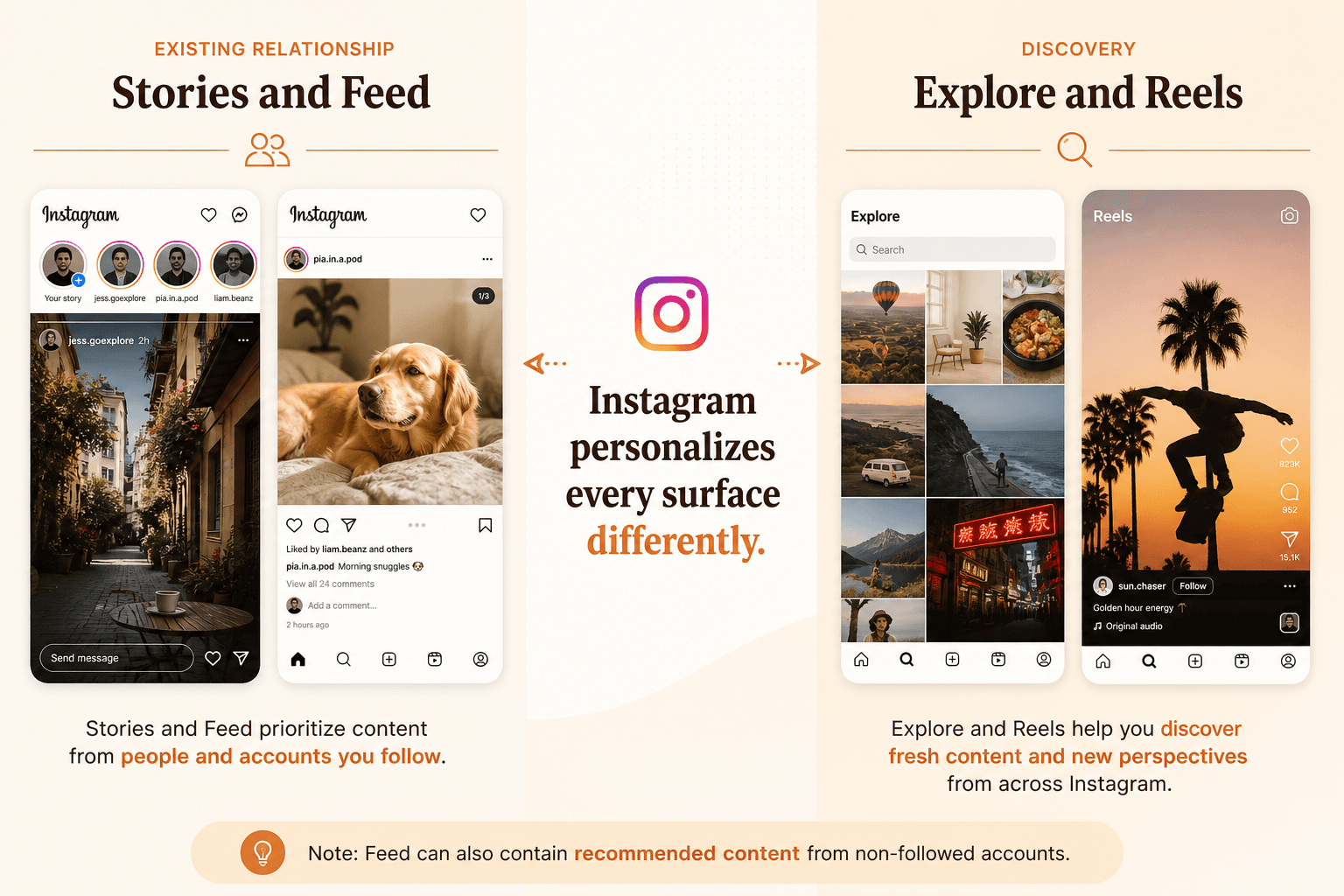 Comparison of Instagram relationship surfaces Feed and Stories with discovery surfaces Explore and Reels
