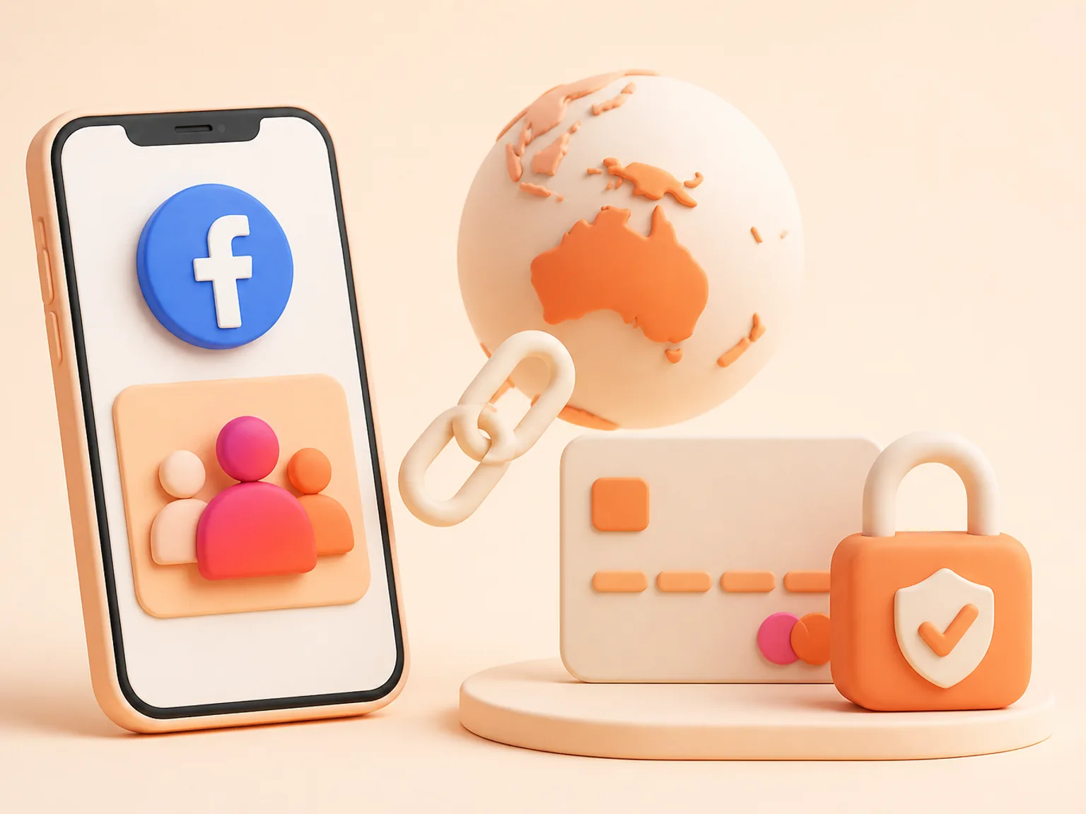Buy Facebook Followers Australia illustration showing a simple public-link order flow with no password required
