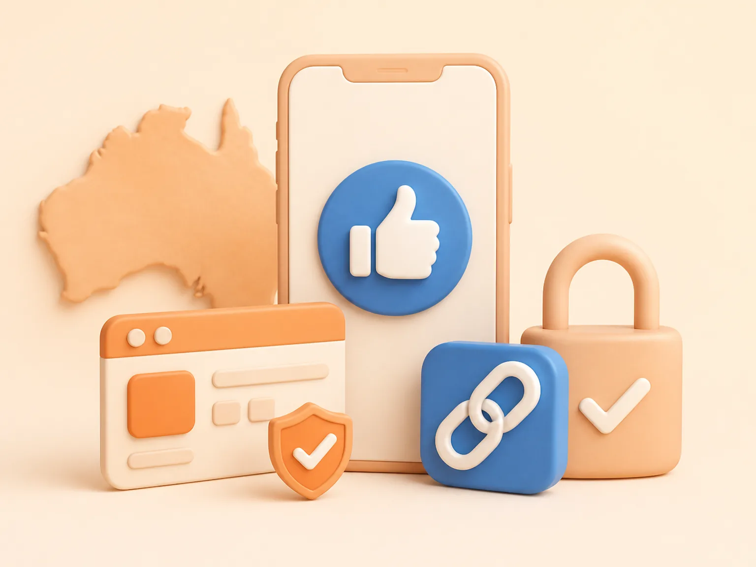 Buy Facebook Page Likes Australia illustration showing a simple public-link order flow with no password required