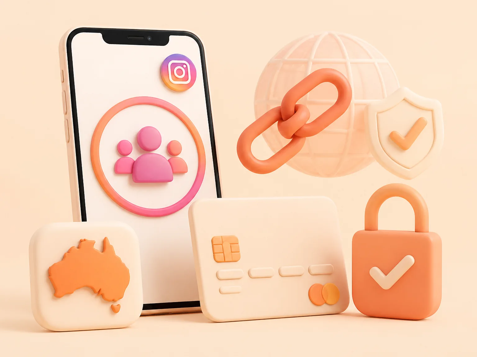 Buy Instagram Followers Australia illustration showing a simple public-link order flow with no password required