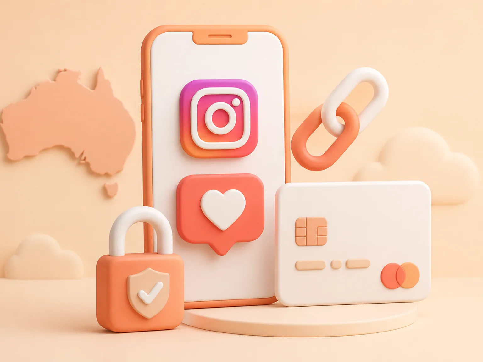 Buy Instagram Likes Australia illustration showing a simple public-link order flow with no password required