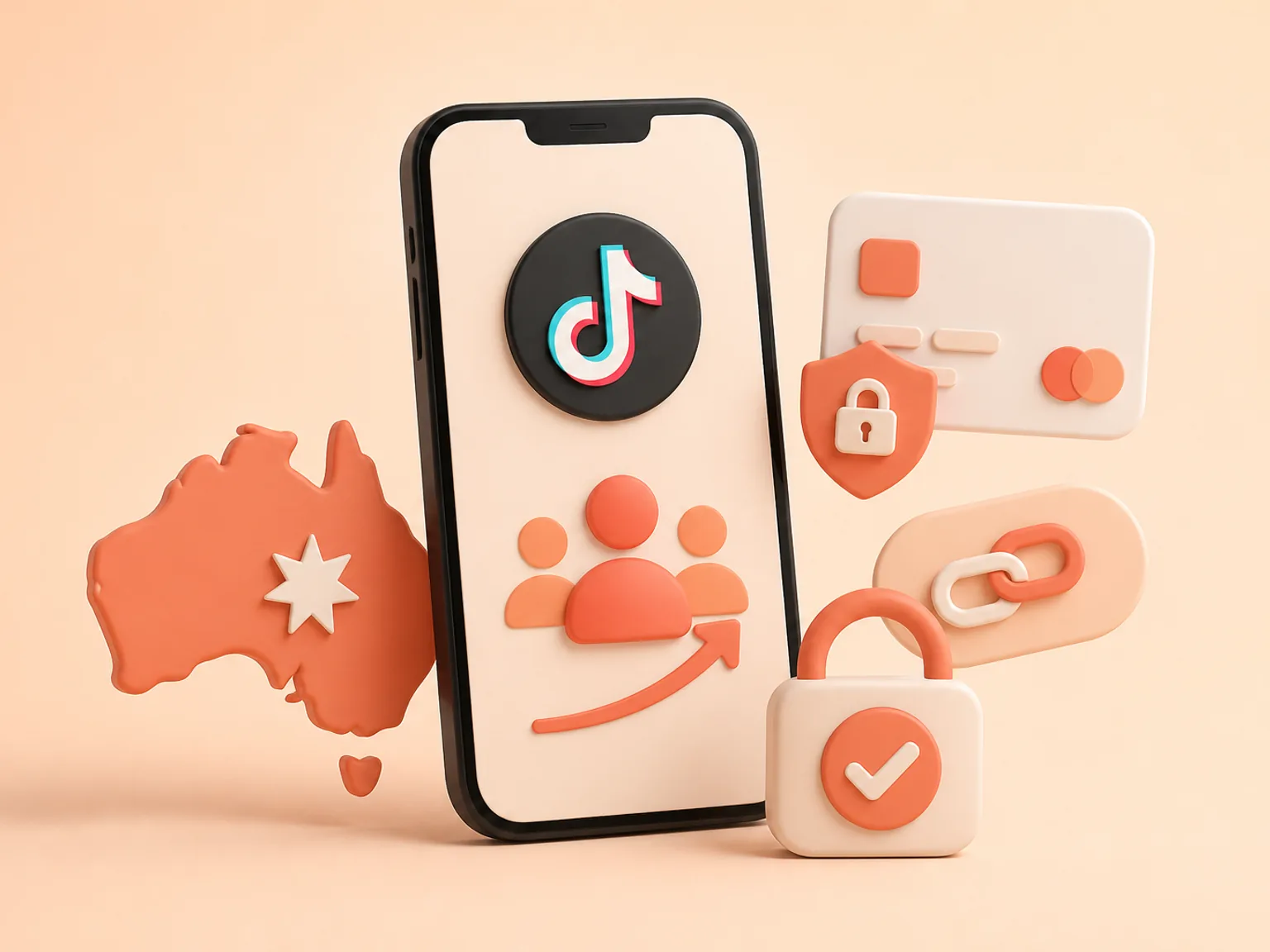 Buy TikTok Followers Australia illustration showing a simple public-link order flow with no password required