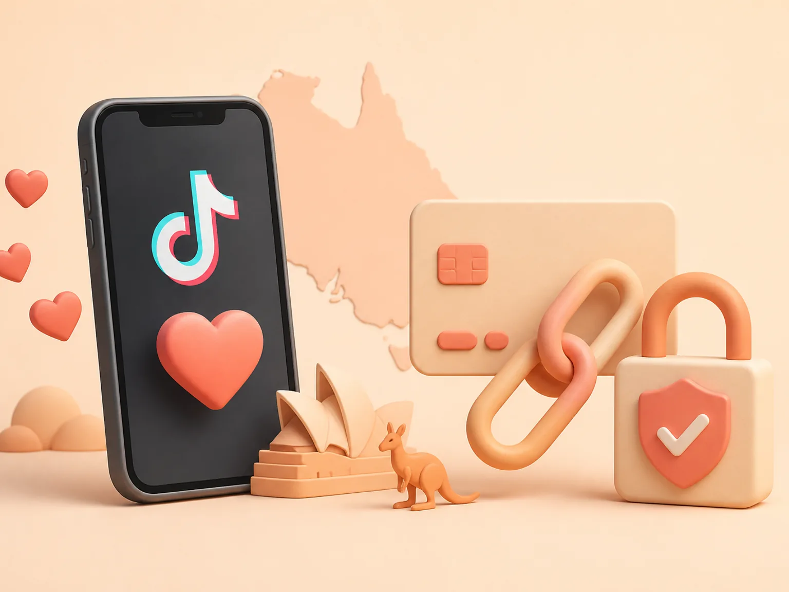 Buy TikTok Likes Australia illustration showing a simple public-link order flow with no password required