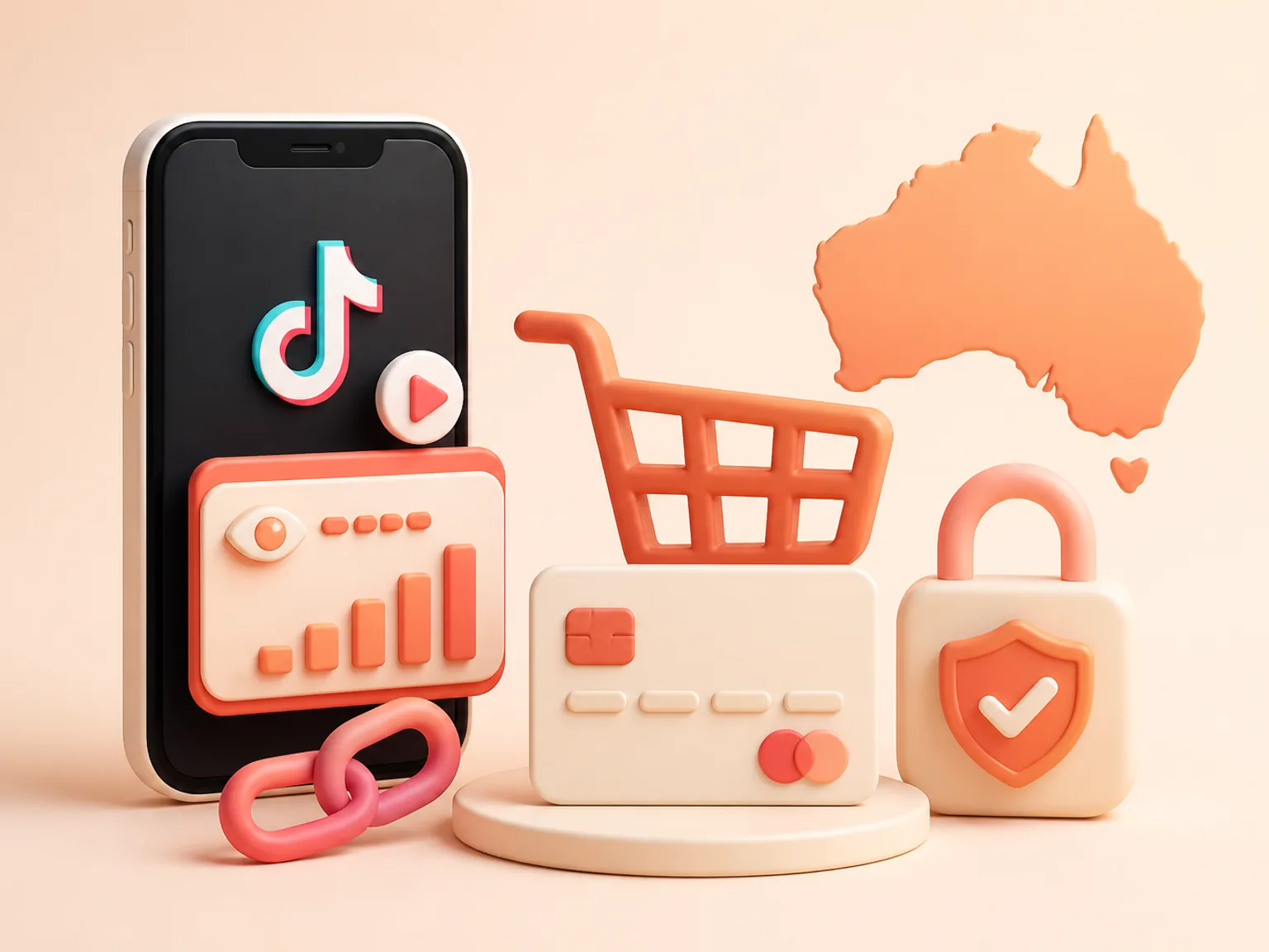 Buy TikTok Views Australia illustration showing a simple public-link order flow with no password required