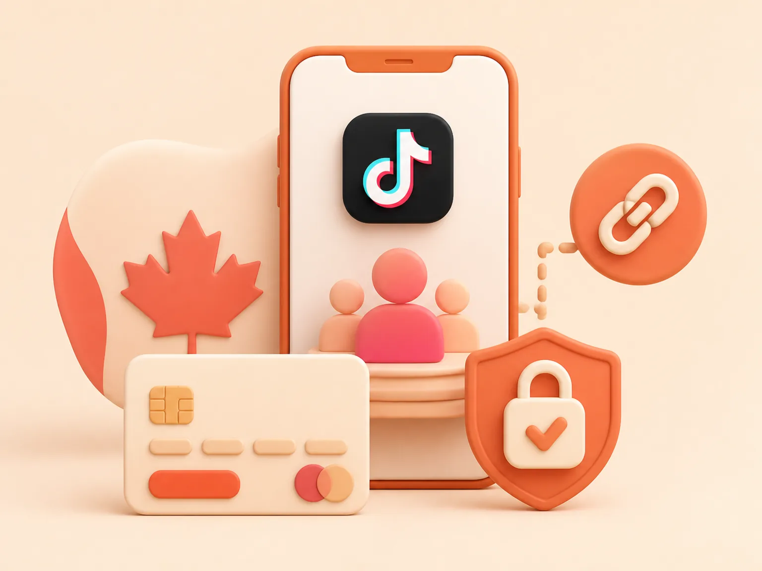 Buy TikTok Followers Canada illustration showing a simple public-link order flow with no password required