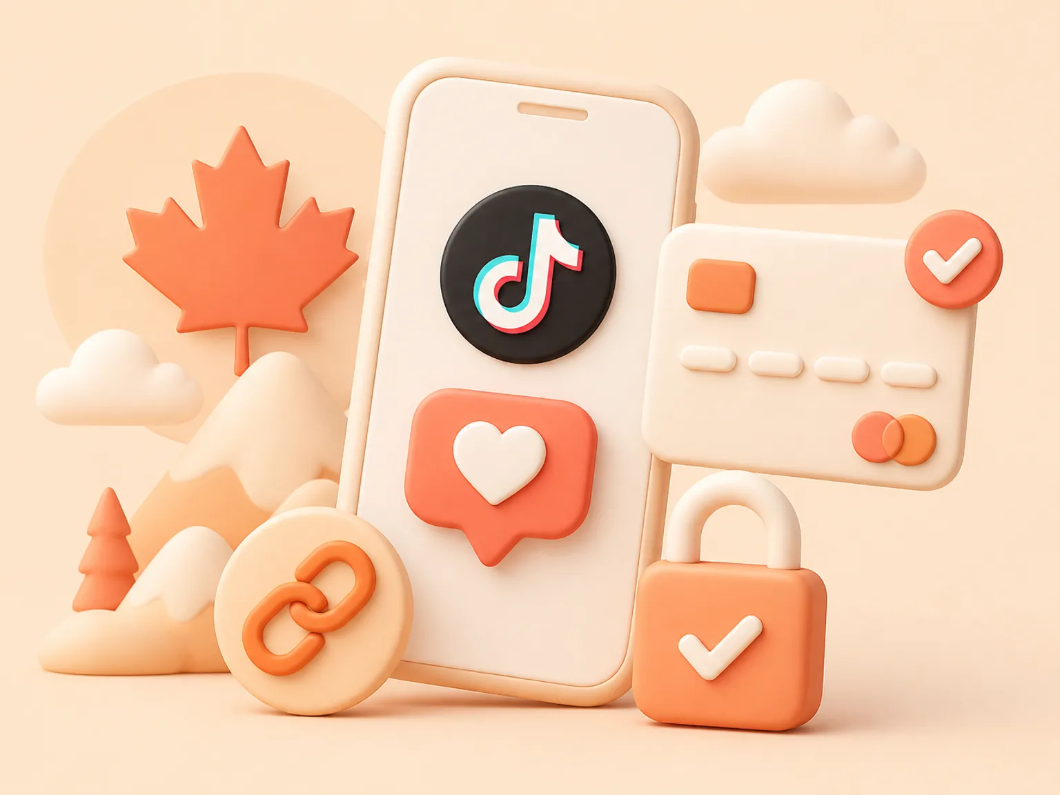Buy TikTok Likes Canada illustration showing a simple public-link order flow with no password required