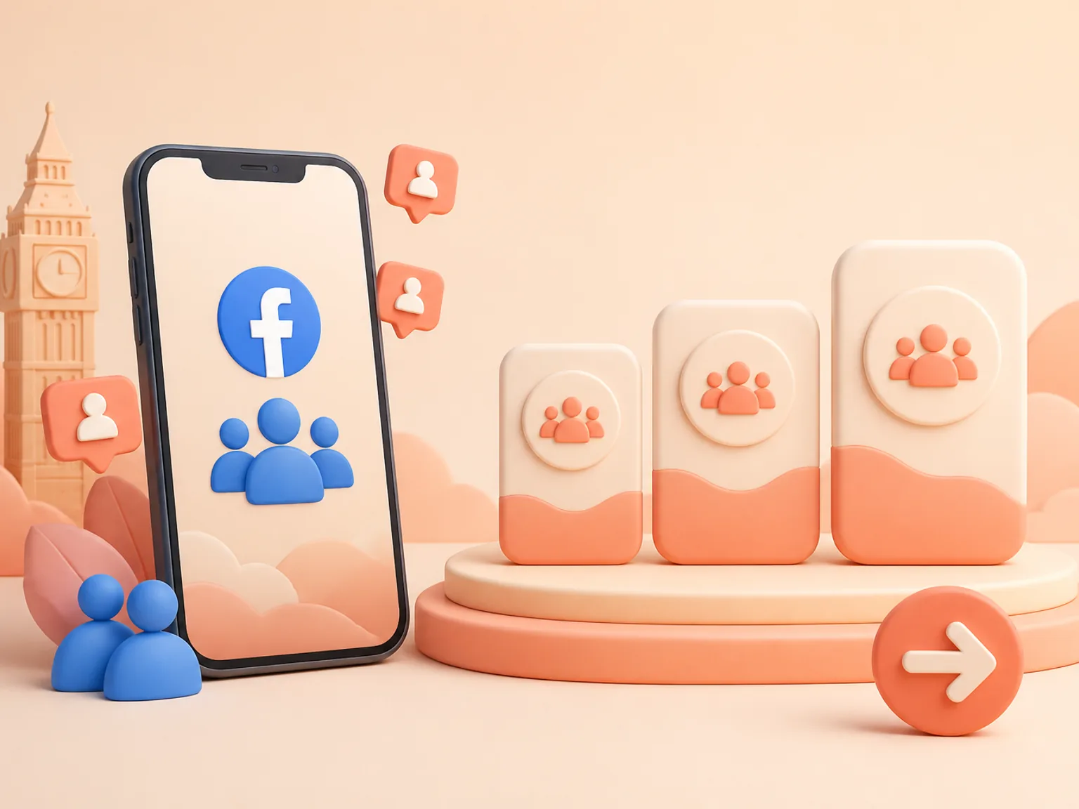 Buy Facebook Followers UK illustration showing package selection and checkout for this service