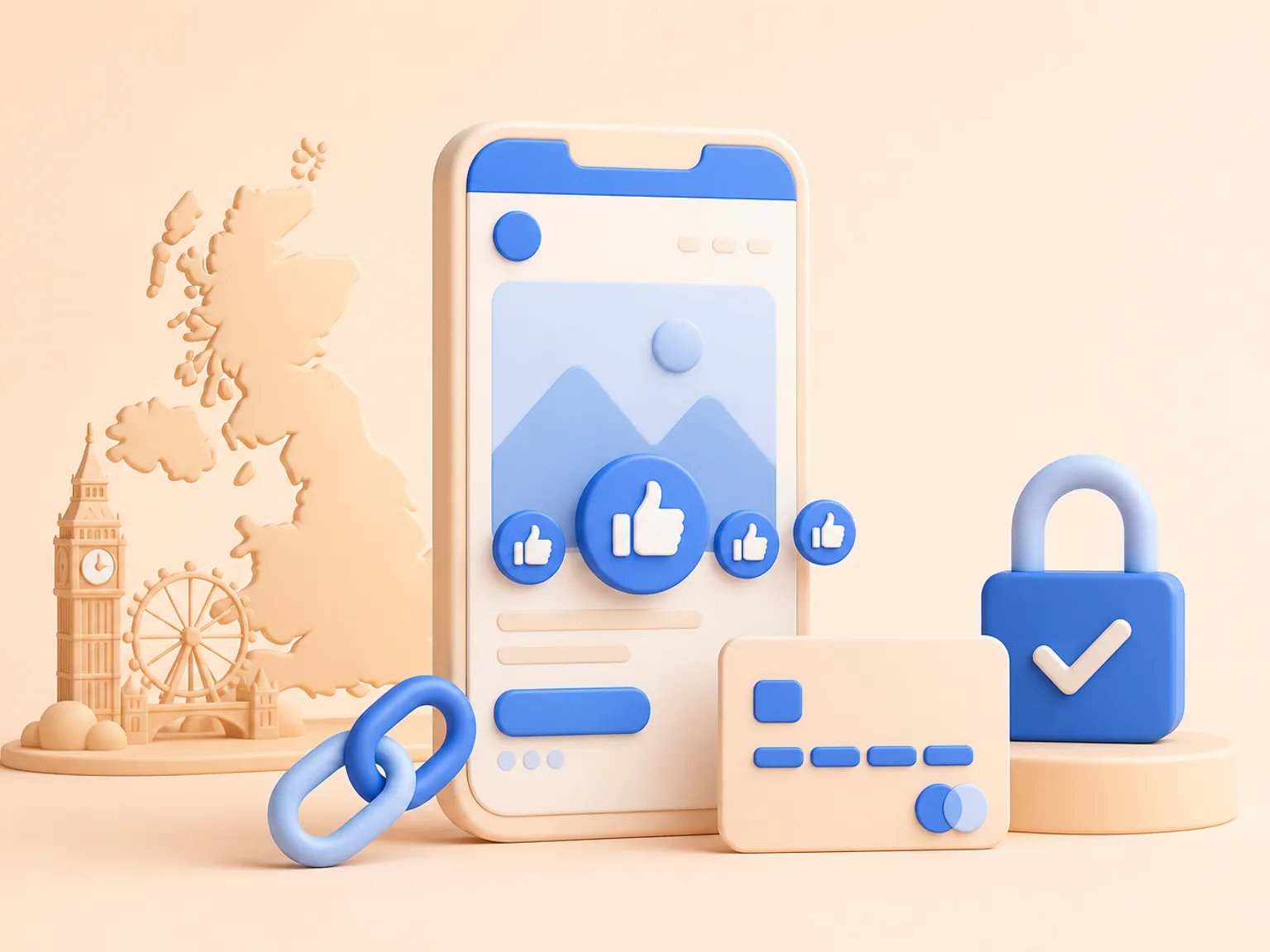 Buy Facebook Post Likes UK illustration showing a simple public-link order flow with no password required
