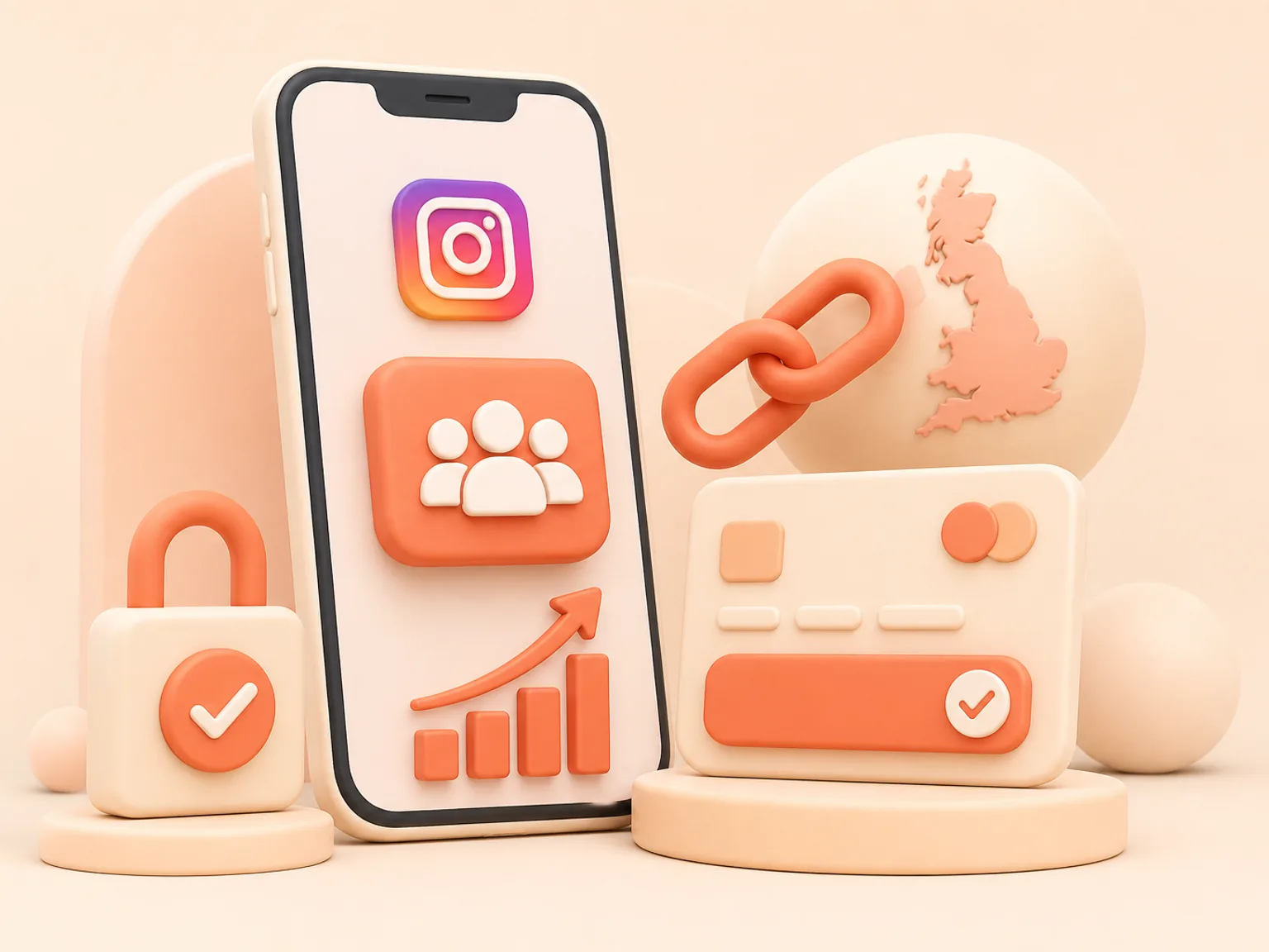 Buy Instagram Followers UK illustration showing a simple public-link order flow with no password required
