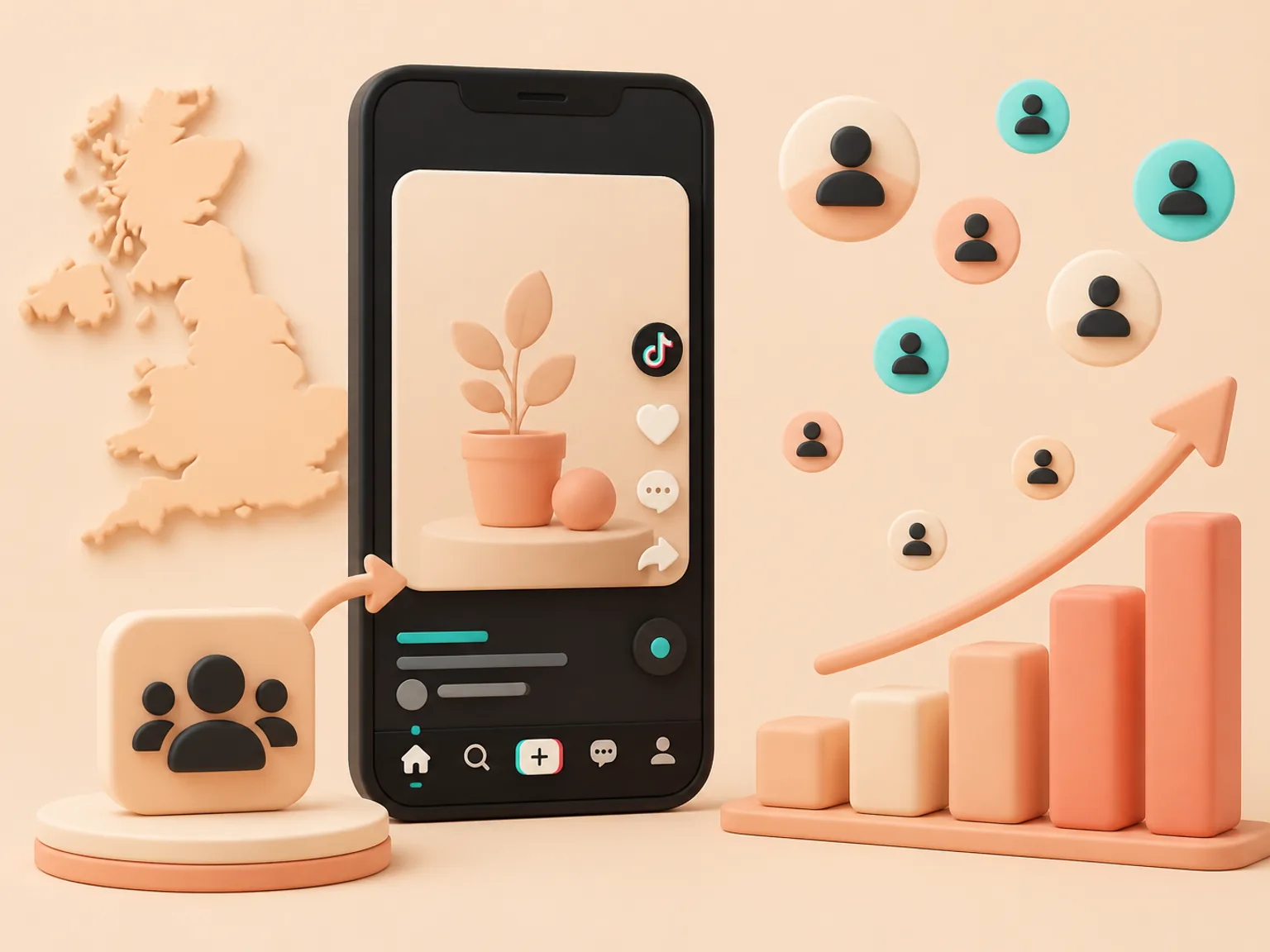 Buy TikTok Followers UK illustration showing visible Followers versus separate organic and business outcomes